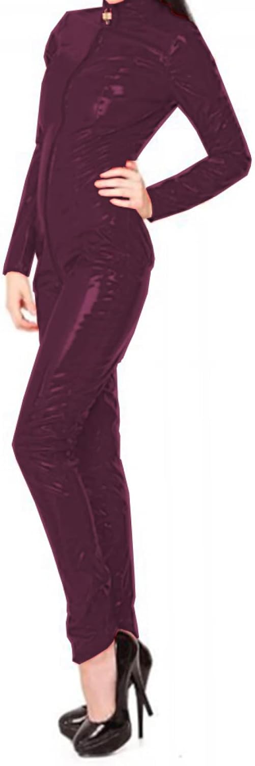 Shiny PVC Jump Suits for Women Front Zipper Open Crotch Jumpsuits Stretch Bodystocking Costumes,Dark Red,XXXL