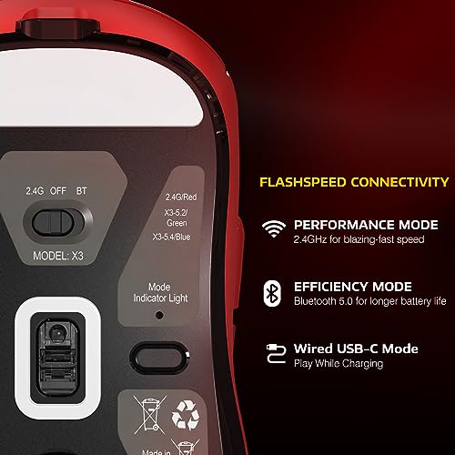 Image of ATTACK SHARK X3 Lightweight Wireless Gaming Mouse with Tri-Mode 2.4G /USB-C Wired /Bluetooth,26K DPI, PAW3395 Optical Sensor,Kailh GM8.0 Switch,5 programmable Buttons for PC /Win /Mac(Red)