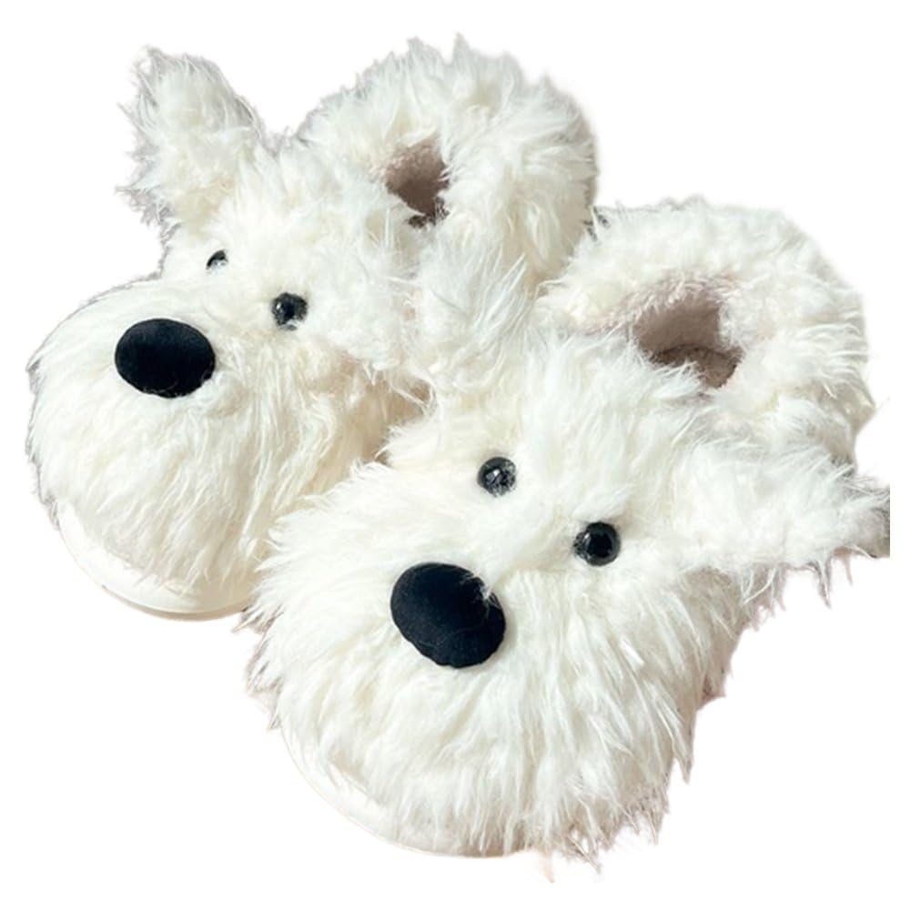 Ppmter Women's White Plush Animal Slippers For Men Cartoon Dog Warm Slippers Winter Home Slippers Lovely House Shoes For Indoor Outdoor