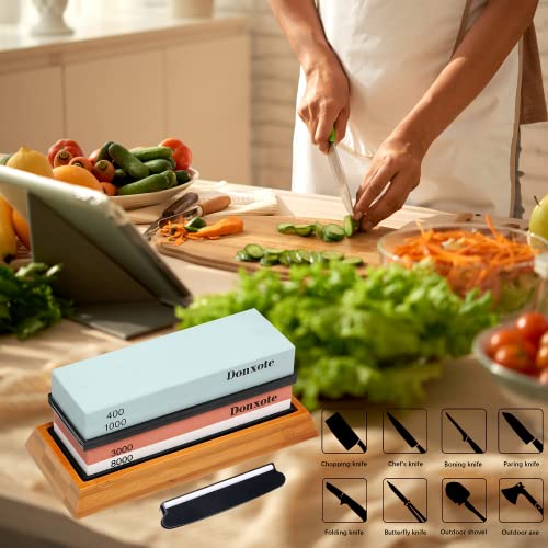Donxote Knife Sharpening Stone, 400/1000 3000/8000 Double Side Grit Waterstone, Professional Chef Whetstone Sharpener, Nonslip Bamboo Base & Angle Guide Multicolor #TOP4