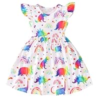 Girls Dinosaur Dress Toddler Rainbow Sundress Kids Ruffle Sleeve Summer Dino Outfits Birthday Party White Dresses 6-7 Years 7T/1460