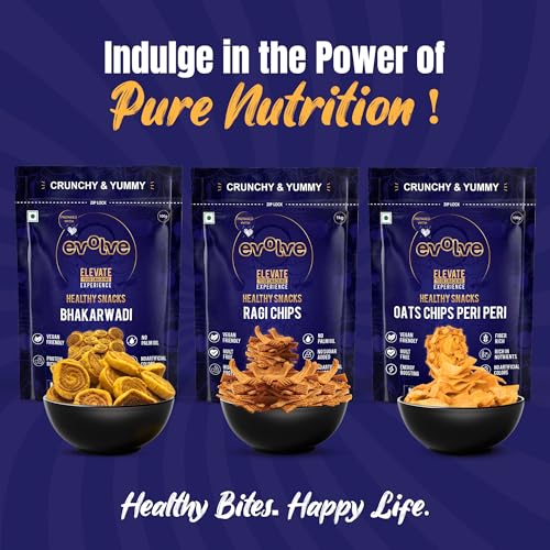 Image of Evolve Combo Healthy Snacks for Kids, Adults | Baked Bhakarwadi, Ragi and Oats Chips | Vacuum Fried, No Artificial Colors & Preservatives - Pack of 3 (100g Each)