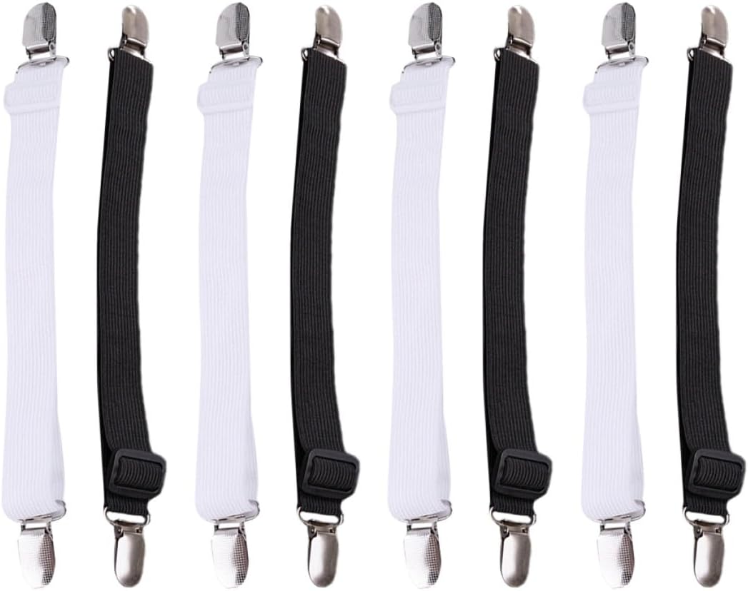 OUNONA 8pcs Sheet Fastener Clips and Mattress Sheet Straps Black and White Flat Buckle Bands for Bedding Secure Fit