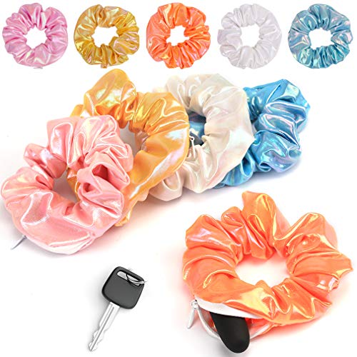 AOPRIE 5 PCS Scrunchies for Hair Scrunchies with Pocket Hidden Zipper Shiny Metallic Scrunchies Cute Elastic Hair Bands Elastics Scrunchies Scrunchies for Women Hair Accessories Hair Ties, 5 Colors