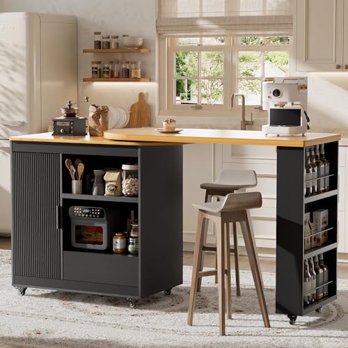 Image of Rolling Kitchen Island with 360 Swivel Kitchen Island with Power Outlet | Rotating Kitchen Islands with Storage Cabinets Wood Kitchen Island Table for Kitchen, Bar, Dining Room
