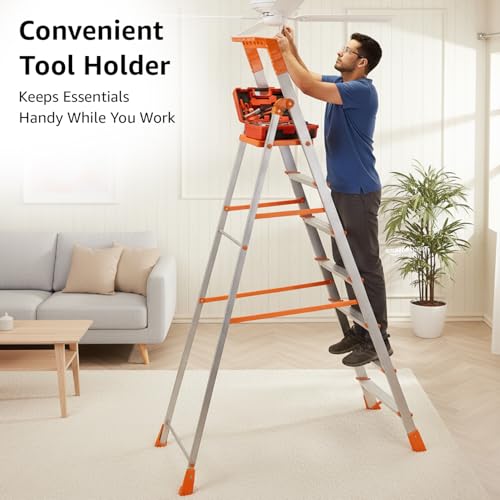 Image of Amazon Basics Clamber Pro+ - Foldable7 Step Ladder with Tool Tray, Firm Grip, 7 Steps (Aluminium Steps, Orange & Satin)