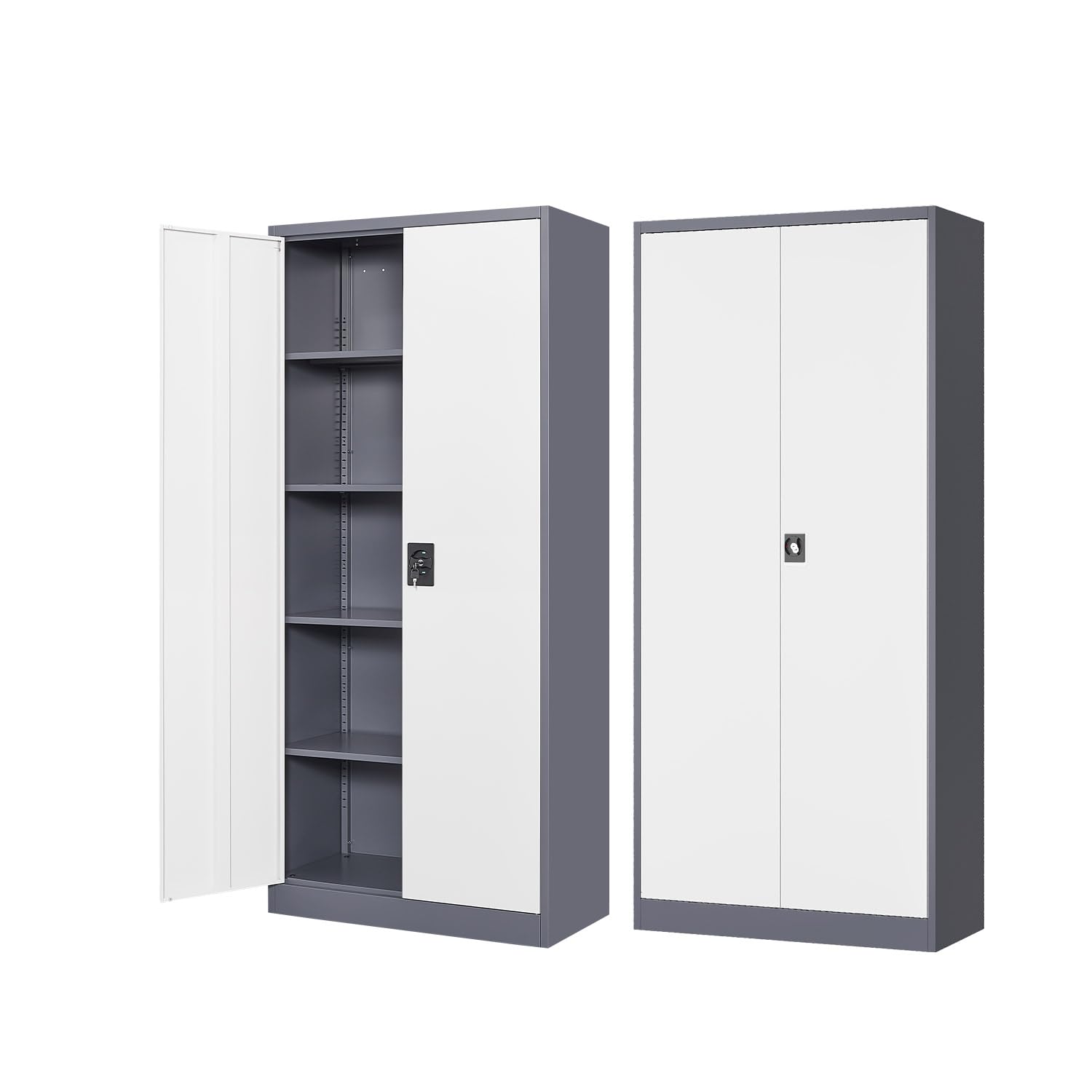 Fesbos Metal Storage Cabinet-72” Tall Steel File Cabinets with Lockable Doors and Adjustable Shelves-White&Gray Steel Storage Cabinet for Home Kitchen