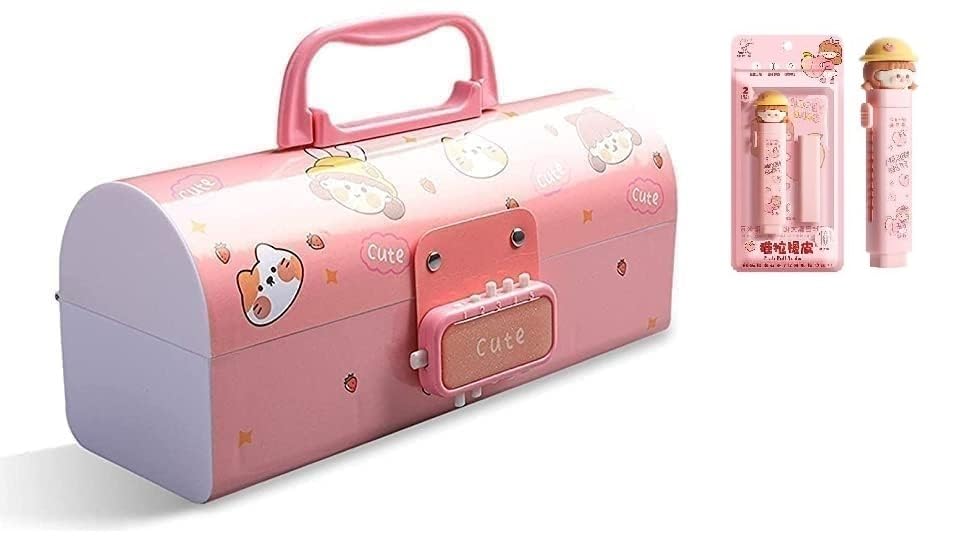 Image of Invite New Cartoon Theme Pencil Box with Push Pull Eraser Set for Kids | Suitcase Style Password Lock Stationery Organizer | School Supplies Gift Combo for Boys & Girls (Cute Pink + Eraser)