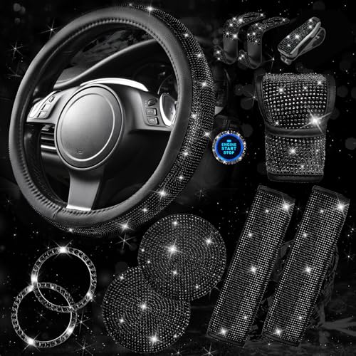 CAR PASS 11 PCS Bling Diamond Car Accessories for Women Sparkly Rhinestone Steering Wheel Cover Bling Seat Belt Cushion Glitter Shift Knob Cover Car Cup Holder Coaster Cute Interior Sets Black