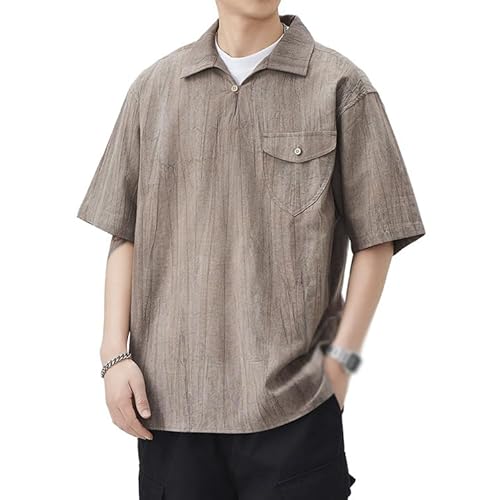Herren Leinen Retro Sommer Casual Revers Schnelltrocknendes Sonnencreme Kurzarmhemd,Braun,XXL