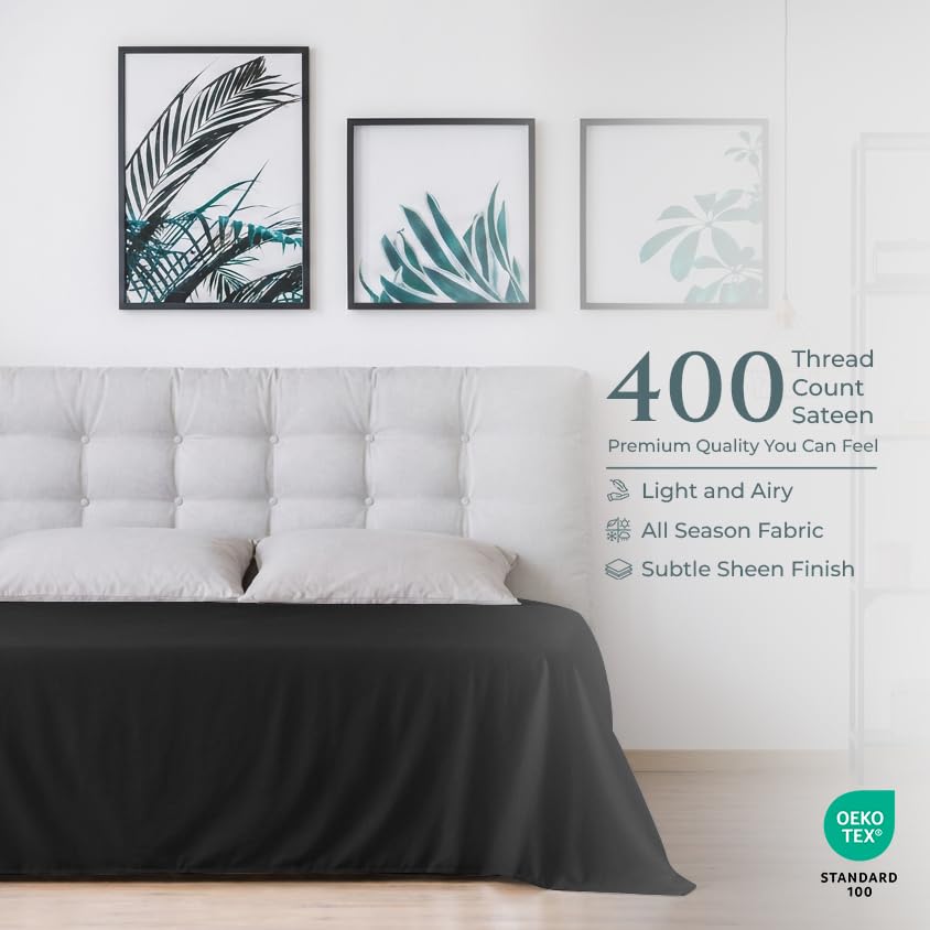 Image of Royale Linen 400 Thread Count 100% Cotton Flat Sheets Only - Cooling Sheets - Full Flat Sheets Only Sold Separately - Luxury Sateen Weave - Breathable & Super Soft Top Sheet Only (Full, Night Black)