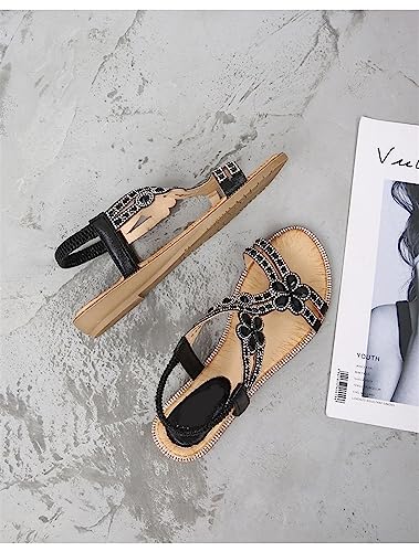 AYGJKIE Women's Flat Sandals Beaded Flower Sparkly Rhinestone Flat Elastic Sandals Bohemian Beaded Strap Sandals Diamante Rhinestone Leather Sandals3
