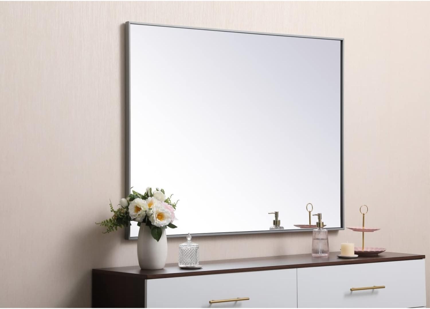 Elegant Decor Carell Furniture 48" x 36" Mid Century Metal Frame Mirror in Gray
