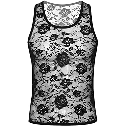 Taikmd Men's Vest Floral Lace Muscle Crop Tank Top See-Through Sleeveless Casual Tee Shirt Undershirt Nightwear (Black, Large) #TOP2