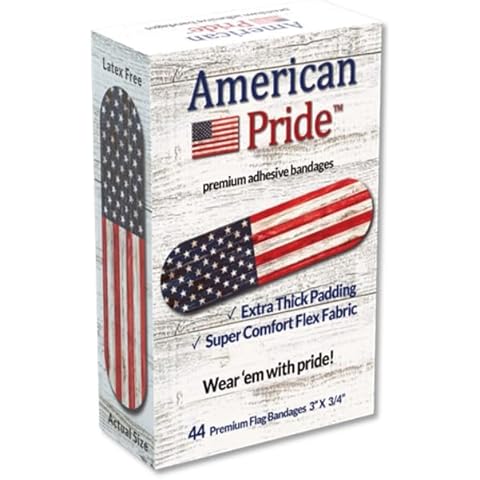 American Pride Premium Adhesive Bandages – Strong Comfortable Flex Fabric, Thicker Padding for Extra Protection & Absorbency. Reliable Sticking Power. USA Patriotic Vintage American Flag. 44 Ct Box Cover