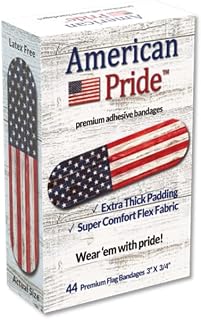 American Pride Premium Adhesive Bandages – Strong Comfortable Flex Fabric, Thicker Padding for Extra Protection & Absorbency. Reliable Sticking Power. USA Patriotic Vintage American Flag. 44 Ct Box