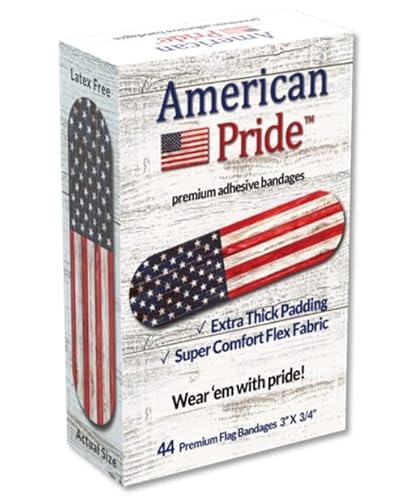American Pride Premium Adhesive Bandages – Strong Comfortable Flex Fabric, Thicker Padding for Extra Protection & Absorbency. Reliable Sticking Power. USA Patriotic Vintage American Flag. 44 Ct Box