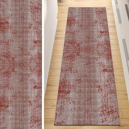 Alfombra abstracta de pasillo lavable y antideslizante de 90x280 cm en gris y rojo 2