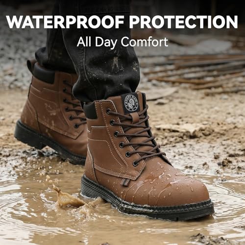 Image of ANGRYRAM Steel Toe Work Boots Waterproof & Slip Resistant for Men Women | ASTM Standard Safety Shoes, Width Option, Anti-puncture Midsole, Non-silp Rubber Outsole, Arch Support, For Work & Outdoors