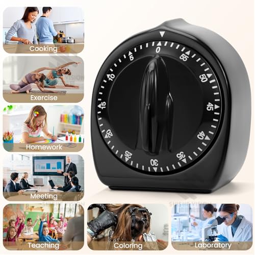 Kitchen Timers for Cooking, 60 Minute Wind Up - Chef Cooking Timer with Loud Alarm,100% Mechanical Desk Timer -No Batteries Required - Manual Countdown timers for Home, Study and Cooking (Black) - Thumbnail 3