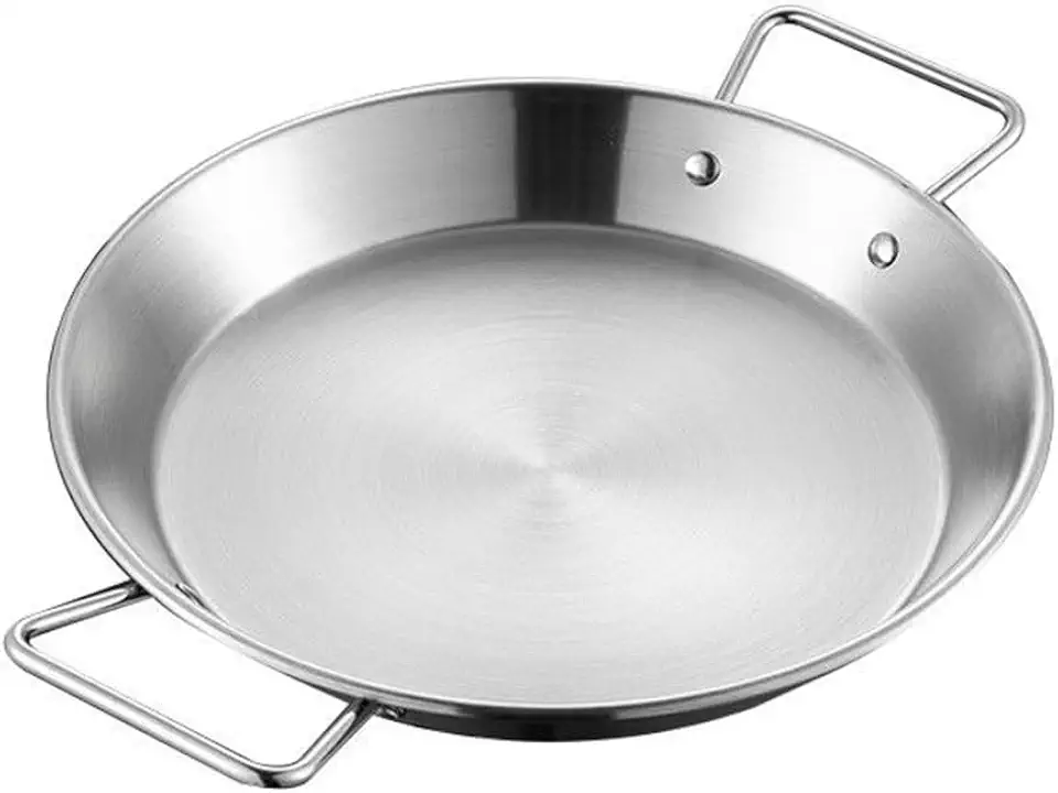 Panela de paella de aço inoxidável com alças duplas, panela de fundo plano para indução e forno, panela profissional de arroz espanhol para servir em família grande, 30 cm prata (24 cm)