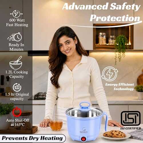 Image of GOODSCITY Multifunctional 3-in-1 Electric Kettle 1.5L| Stainless Steel Pot with Steamer & Egg Tray | Compact Multi Cook,Steam & Boil Veggies, Tea,Coffee, Water,Baby food | 600W |1 Year Warranty |GC201