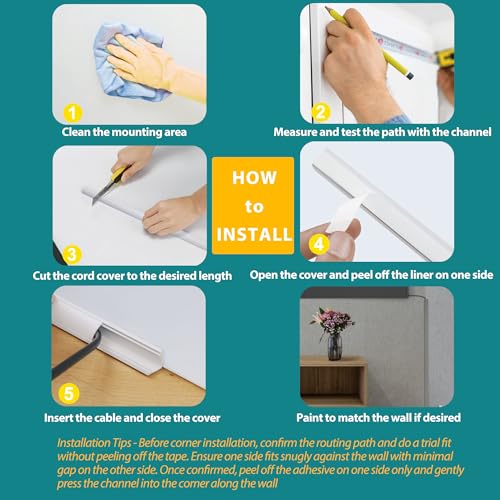 Image of ZhiYo 136in Corner Cable Concealer, Corner Cord Hider for One Cord, Wire Covers for Cords, Paintable Cord Cover, Cable Management Channel, Raceway for Wall, Floor Baseboard, Ceiling - 8 x L17in