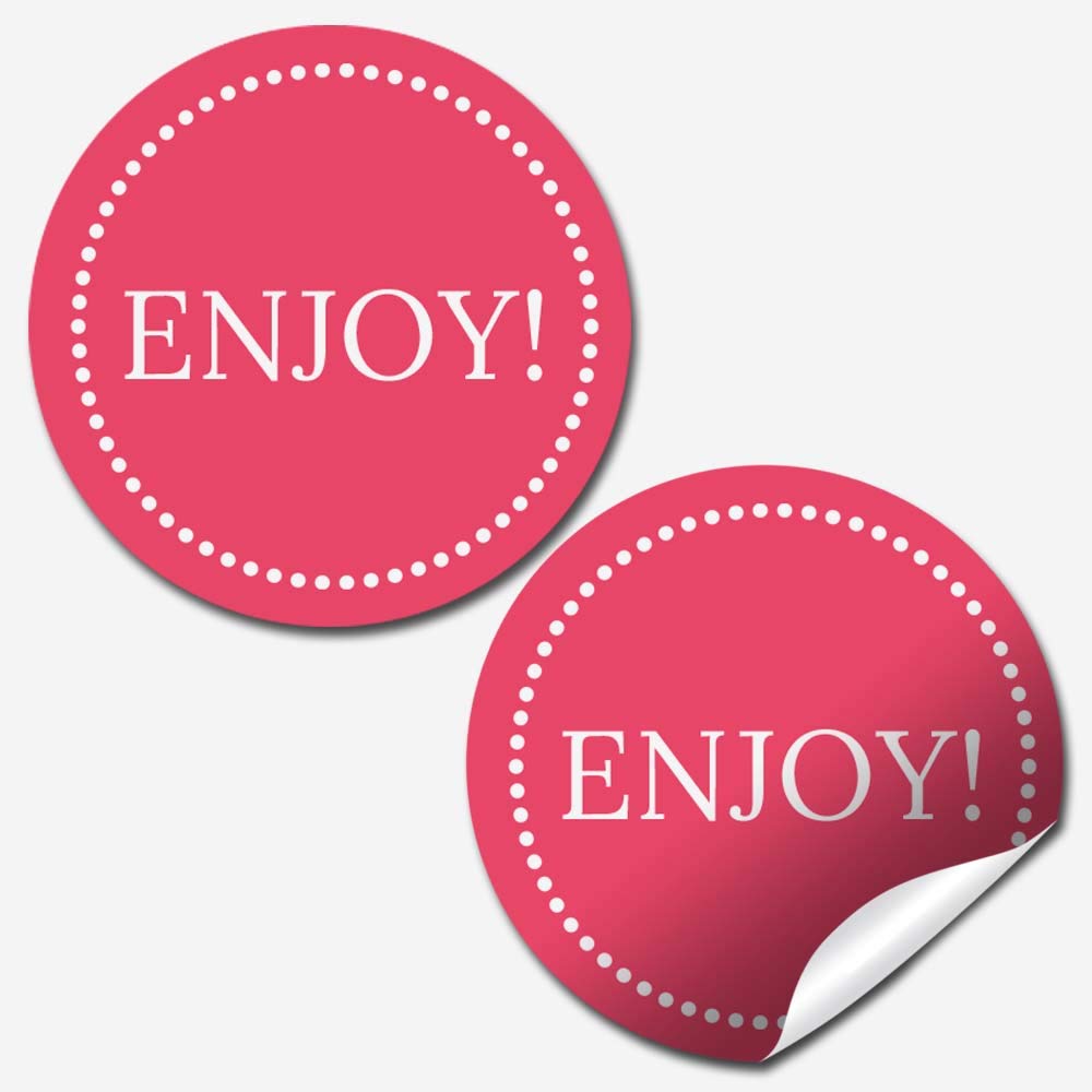 Enjoy! Fushia & Polka Dot Themed Thank You Customer Appreciation Sticker Labels for Small Businesses, 60 1.5" Circle Stickers by AmandaCreation, Great