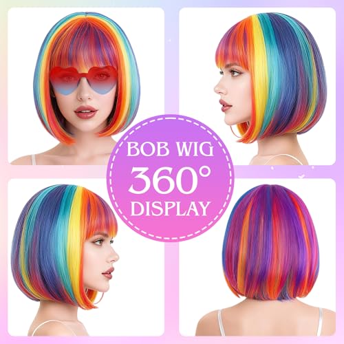 Image of PLULON Colorful Bob Wig with Heart Sunglasses for Women Men, Colorful Short Funny Bob Wigs with Bangs Black Hair Cap Colored Cosplay Hairpieces for Christmas Halloween Costume Neon Bachelorette Party