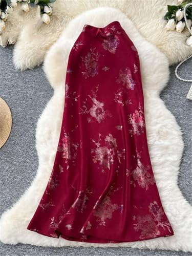 Women's Ankle Length Satin A Line Skirt with Zipper Vintage Floral Design2