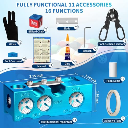 Northlet Pool Cue Tip Shaper, Pool cue Tips Replacement kit, Billiards Accessories Tool, Pool Stick Tips, Pool Cue Tips Repair Tool for Replacement and Shaping Cue Tips (11-in-1)