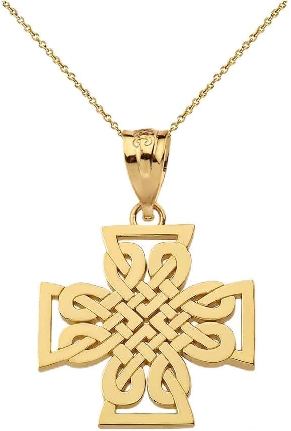 Woven Celtic Cross Pendant Necklace Fine With Rolo Chain Real Solid 14Kt Gold