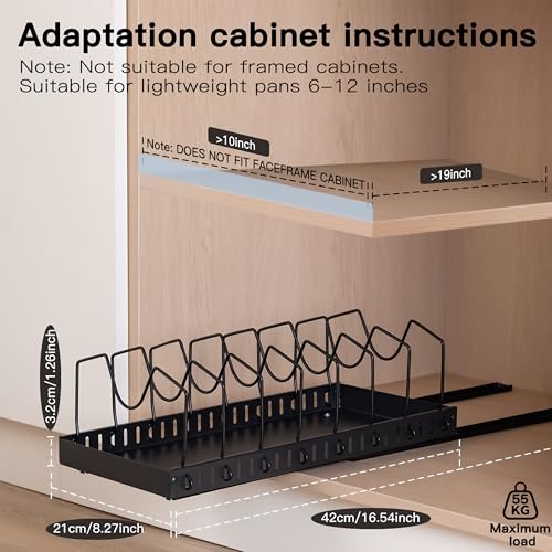 Image of Livzing Pan & Pot Organizer Rack for Cabinet - Stainless Steel Adjustable Sliding Kitchen Rack for Frying Pan, Plate, Lids - Under Cabinet Storage for Modular Kitchen - Expandable Cookware Organizer