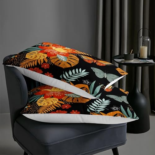 Image of AILONEN Full Tropical Moth Comforter Set, Orange Floral Bedding, Black Botanical Leaf Decor, Lightweight Cozy Microfiber Teens Gamer Cool Loft