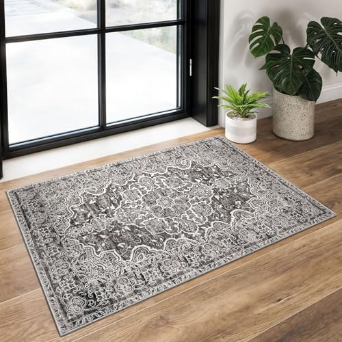 KUTA Vintage Small Area Rug 2x3 Tan Grey Washable Vintage Entryway Rugs Non-Slip Ultra Soft Floral Doormat Printed Retro Distressed Carpet Accent Farmhouse Kitchen Throw