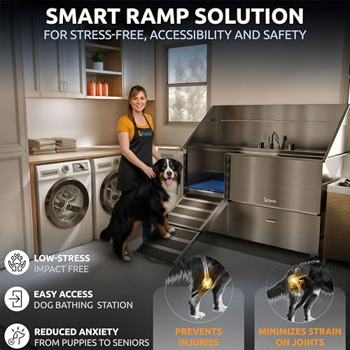 Image of KANIS Professional Dog Washing Station 304 Stainless Steel Pet Wash Sink & Grooming Bathtub w /Shower, Floor Grates and Storage for Large, Medium & Small Pets (Silver, 61 Inches, Left Ramp, 2 Drawers)