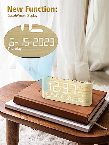 Alarm Clock Large Display,Digital Calendar Clocks With Temperature,Humidity And Date,2 Alarms,4 Alarm Settings,Type C&Usb Charger,Weekday/Weekend Mode,Dimmer&Volume,Wood Desk Alarm Clocks For Bedrooms #TOP7
