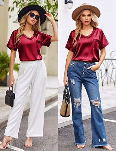 Image of Ekouaer Silk Pajama for Women Short Sleeve Satin Pj Set Two Piece Soft Sleepwear Loungewear S-XXL