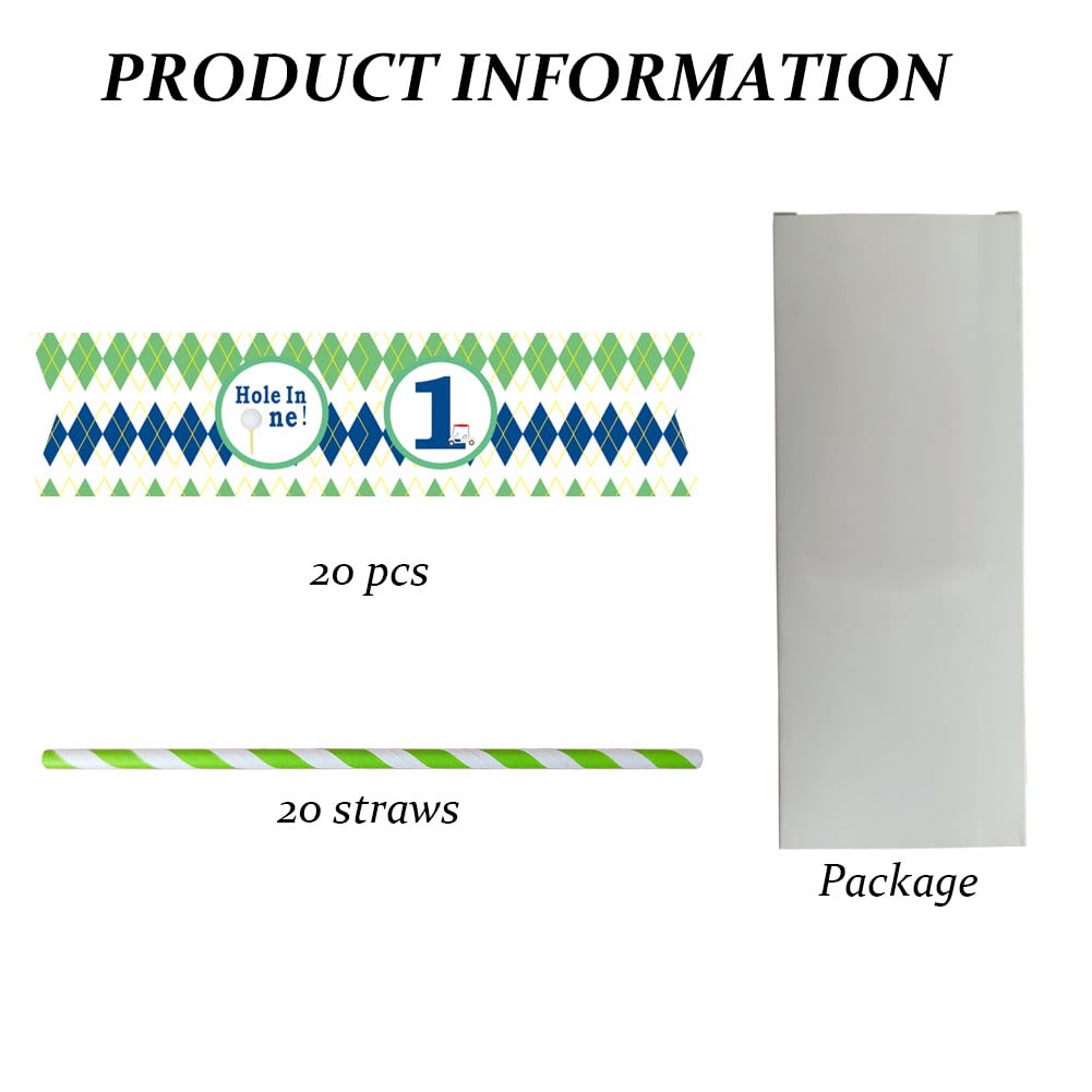 VOWFOO Golf Themed Birthday Party Straw Decor, 20 PCS Hole In One 1st Birthday Disposable Paper Cocktail Drinking Straw With Flag Tag for Baby 1st Birthday Party Decorations (Plaid Pattern Hole In 1)