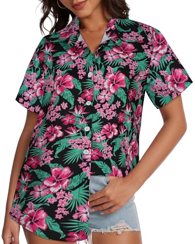 Image of Women Hawaiian Shirt Button Down Summer Tops Beach Short Sleeve Blouse