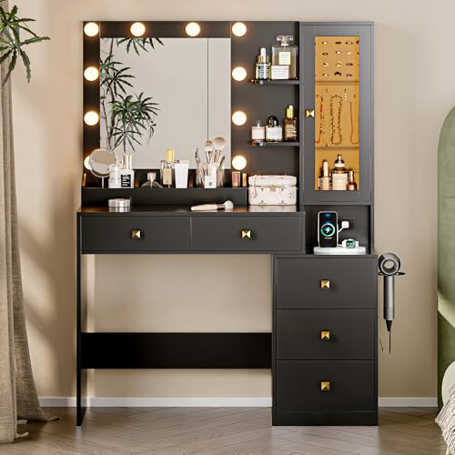 Image of HUANLEGO Vanity Desk with Mirror and Lights, Black Makeup Vanity Set with 5 Drawers, Jewelry Organizer& LED Glass Cabinet, 3 Light Mode Dressing Table for Girls, Vanities Mirror with Lights Desk