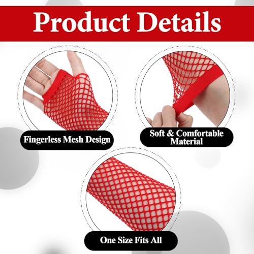 Psyqtsuary 2 Pairs Fingerless Fishnet Gloves Fishnet Sleeves Long Fishnet Mesh Glove for Women Men Girls Boys 80s 90s Party Costume Accessories Supplies(Red)