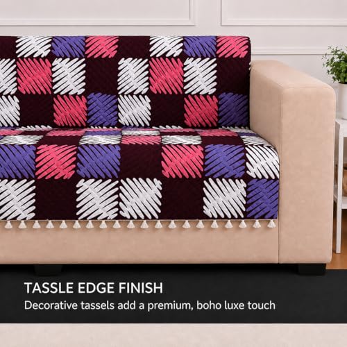 Image of STITCHNEST 'Frostvine Collection' 2 Seater Sofa Cover - Full Coverage| Cotton Quilted Fabric, Decorative Tassels, Washable & Durable for Modern Living