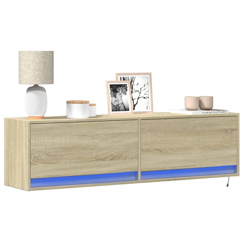 Mueble de TV de pared con iluminación LED RGB, roble de sonoma, 140 x 31 x 38 cm, mueble de TV colgante con 2 cajones, mueble de pared con luz de fondo ajustable, moderno debajo de la TV