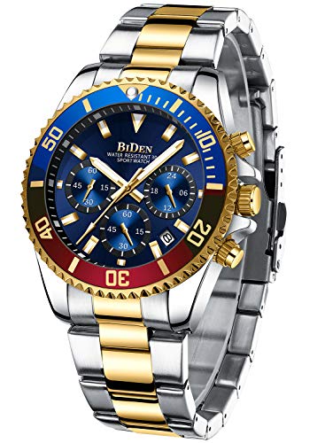 Mens Watches Chronograph Gold Blue Stainless Steel Waterproof Date Analog Quartz Watch Business Casual Fashion Wrist Watches for Men
