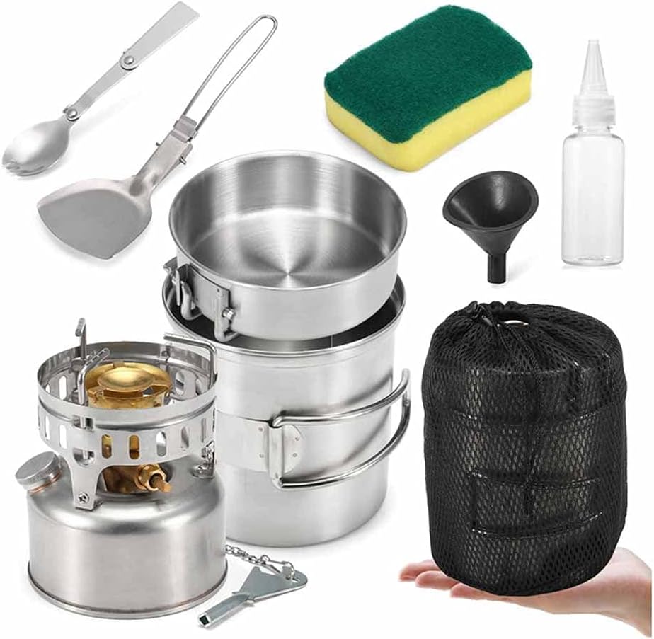 9Pcs Stainless Steel Camping Cookware Mess Kit with Gasoline Stove Cooking Pot Pan Oil Bottle