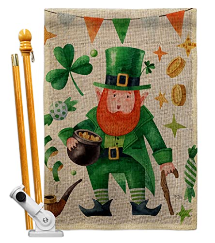 Breeze Decor Leprechaun Gold Burlap House Flag Set Springtime St Patrick Shamrock Lucky Coin Holiday March Irish Clover Decoration Banner Small Garden Yard Gift Double-Sided, Made in USA