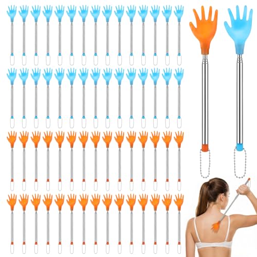 Oqqlin 60 Pcs Extendable Back Scratcher Bulk Stainless Steel Hand-Shaped Scratcher Portable Telescoping Massage Tool for Women Men - Extendable to 17.7 Inch (Blue Yellow)