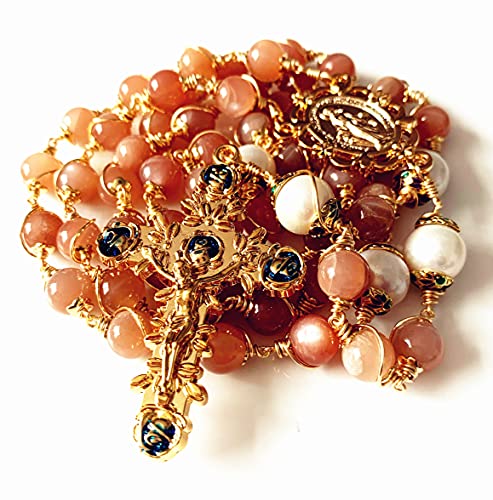 elegantmedical Handmade Wire Wrapped Orange Moonstone &10mm Real Pearl Beads Rosary Cross/Crucifix Necklace Box Catholic Womens Gift3