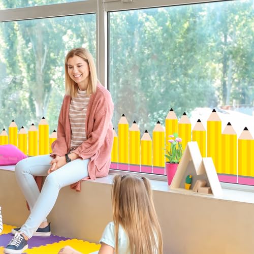 Image of Whaline 9 Sheet Pencil Window Clings Back to School Yellow Pencil Reusable Window Decals for First Day of School Playroom Home Nursery Classroom Decor